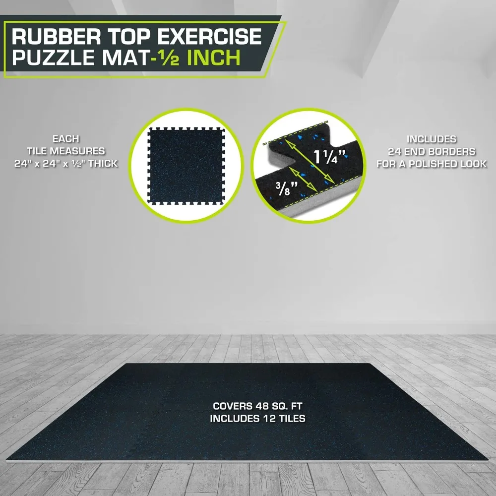 Rubber Top Exercise Puzzle Mat 3/4-inch, 24 SQFT, 6 Tiles, EVA Foam Interlocking Tiles for Home Gym Protective Flooring