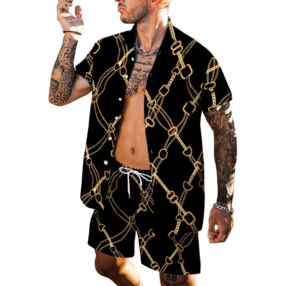 Luxus Leoparden muster Set Herren 2 Stück Shirt Shorts 3D-Druck lose Freizeit Kurzarm Strand hemd Urlaub Mode zweiteilig Set