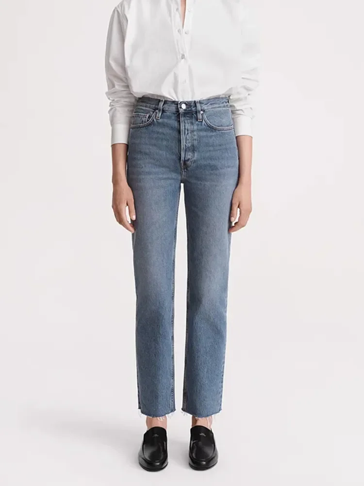 Женские прямые джинсы на молнии с завышенной талией, простые Универсальные джинсовые брюки до щиколотки с бахромой и отделкой, весна-лето 2024