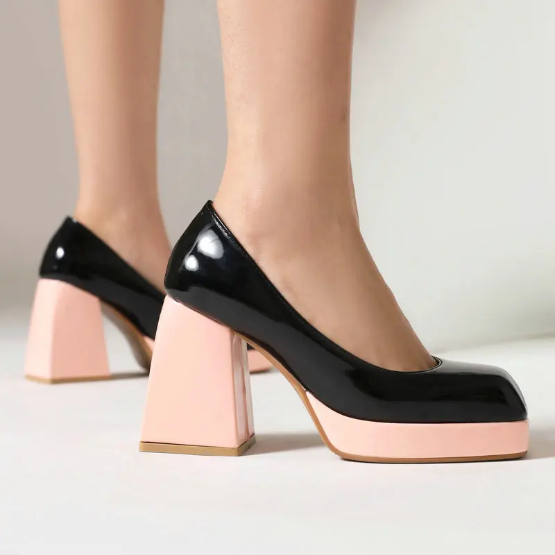 

Big Size 33-45 Patent PU Leather Pink White Black MIxed Color Square Toe Women Pumps Office Lady Shoes Chunky High Heels Loafers