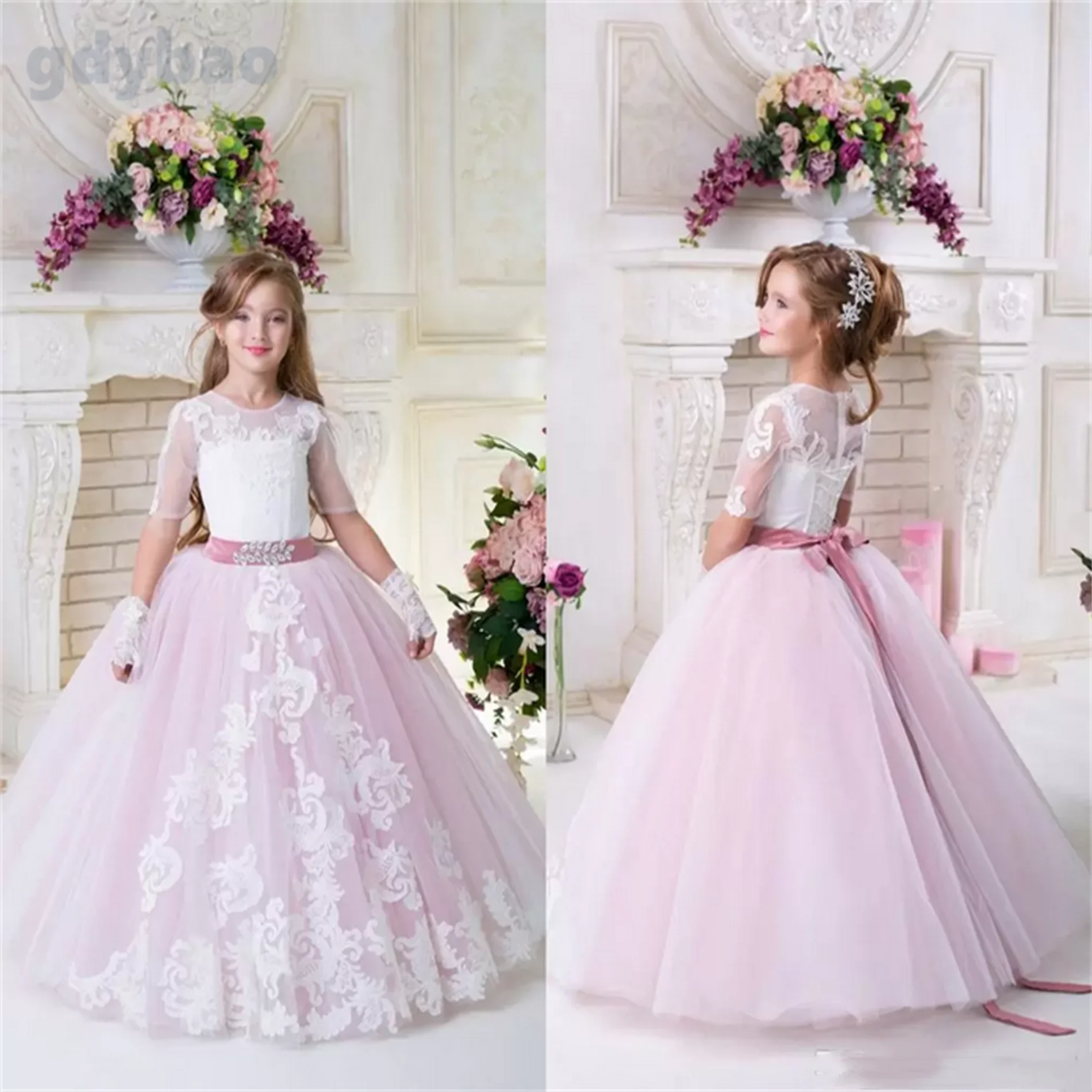 

Pink Lace Appliqued Tiered Flower Girl Dress for Wedding Vintage Tulle Birthday Prty Pageant Gowns Short Sleeves Formal Occasion