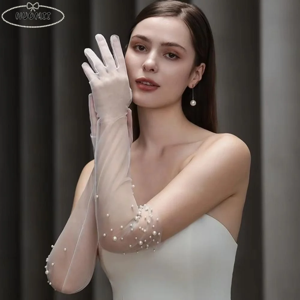 

Luxury Handmade Beading Bridal Gloves Transparent Elegant Wedding Mittens Thin Lace Slimming Tulle Gloves Wedding Bride