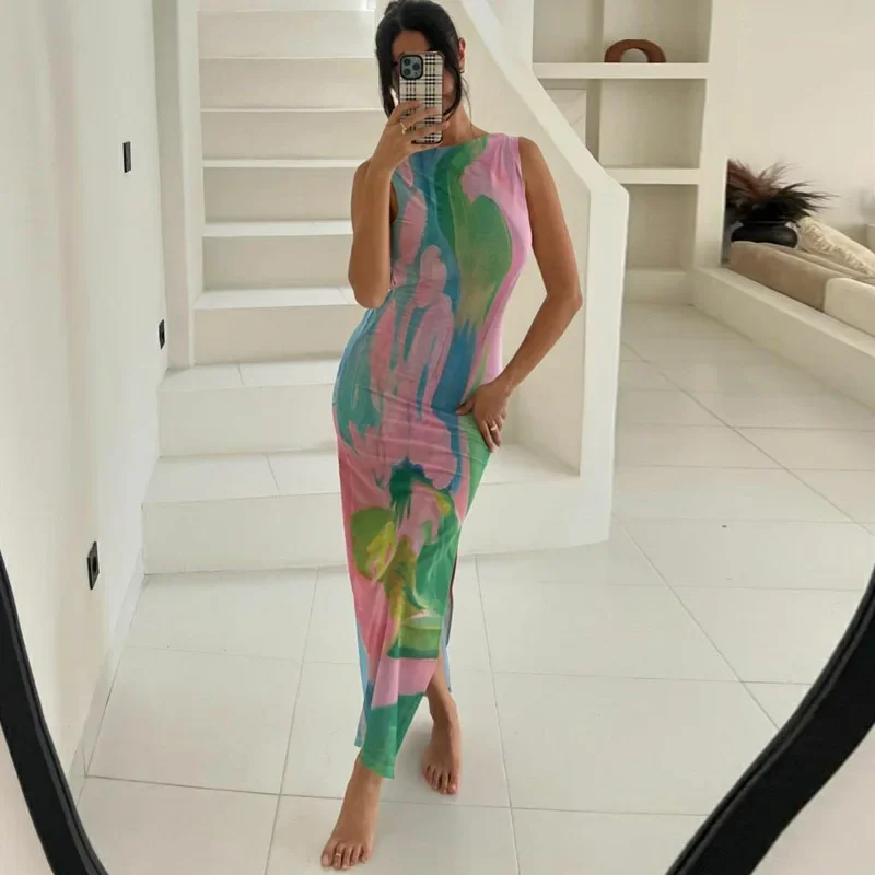 Tie Dye Print Summer Sexy Backless Party Club Birthday Maxi Split Dress Women Y2K Streetwear Sleeveless Bodycon Beach Sundress