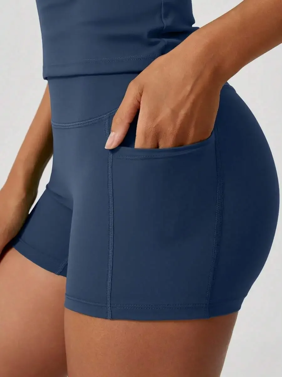 Women's Sweet Sports Short Sleeve High Waist Tummy Control Butt Lifting Shorts Set
