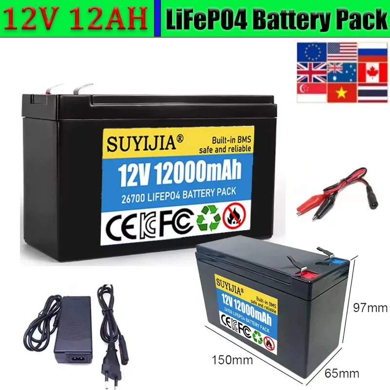 12V 12Ah 26700 Lithium Battery Pack with 30A BMS 3A Charger High Current for Sprayer Children's Toy Car Solar Power Ready To Use