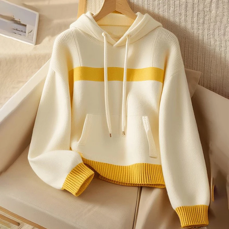 

Autumn 2025 New Vintage Stitching Sweater Jacket Women's Outer Wear Korean Long-Sleeved Pullover Loose Hooded Knitted Sweatshirt