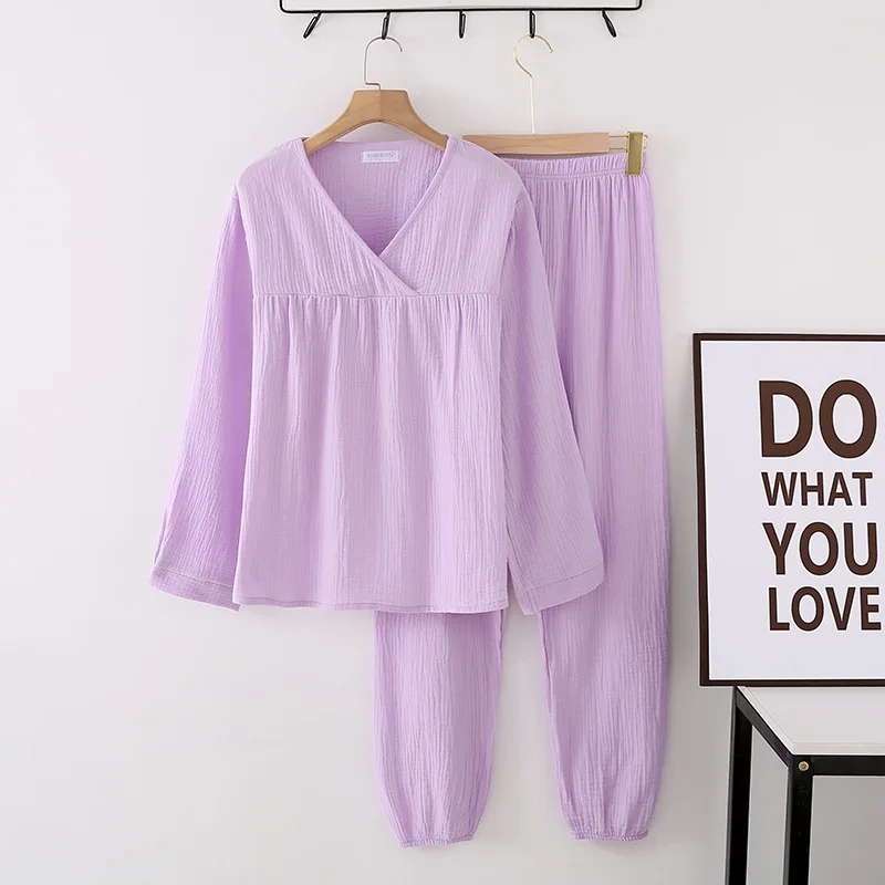 New Spring and Autumn Ladies Pajamas Long Sleeve Trousers Two-piece Set 100% Cotton Crepe V-neck Pajamas Set Home Wear Sleepwear