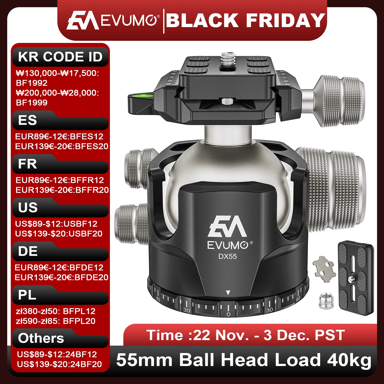 EVUMO DX55 Professional Big Ball Head Featuring a Max Load of 40kg and 360° Panoramic Shooting Versatile Use with Camera Tripods