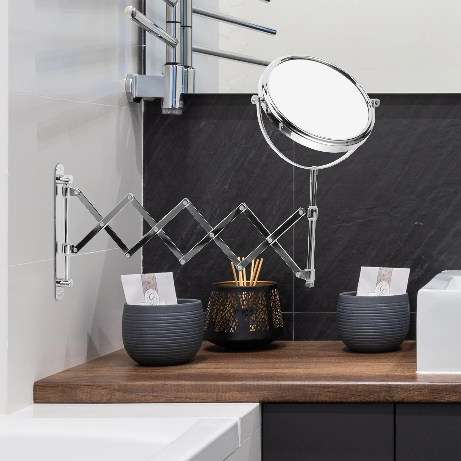 

3x Magnifying Round Wall Mirror Two-Sided Retractable Bathroom 360 Degree Swivel Makeup Mirror Smooth Plating Extendable Design