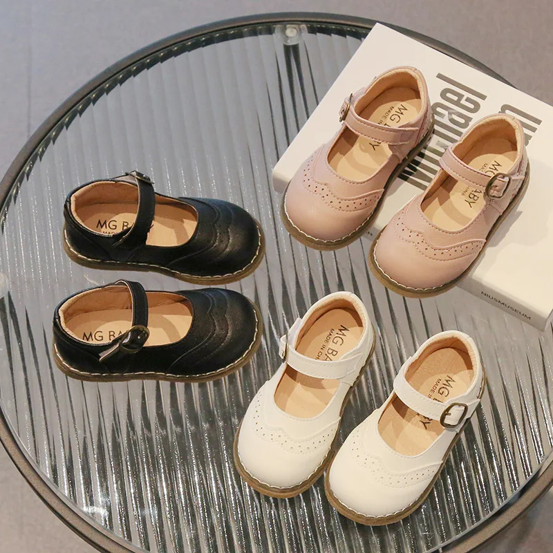 

Girl Autumn Single Shoes Children Fashion Versatile Velcro Leather Shoes Solid Color Woman Performance Soft Soled Princess Shoes