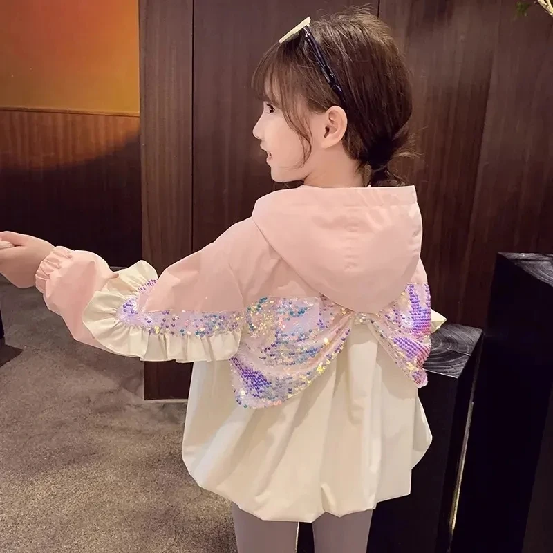 2-10Years Toddler Baby Hooded Jackets for Girls Sequins Bow Jacket Coat Infant Children Patchwork Outwear with Wring 3 4 5  8 9