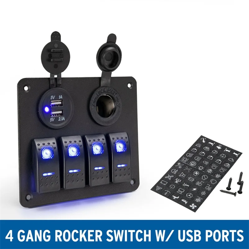 4/3 Gang Toggle Rocker Switch Panel with Dual USB Ports Dual USB Port Circuit Breaker for Car RV Camper Caravans