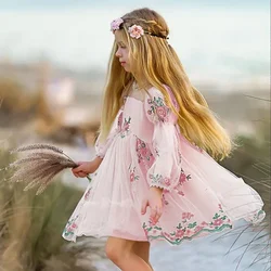 Elegant Mesh Girls Dress Wedding Party Princess Dress Embroidered Floral Lace Dress Casual Kids Clothes Children's Vestidos