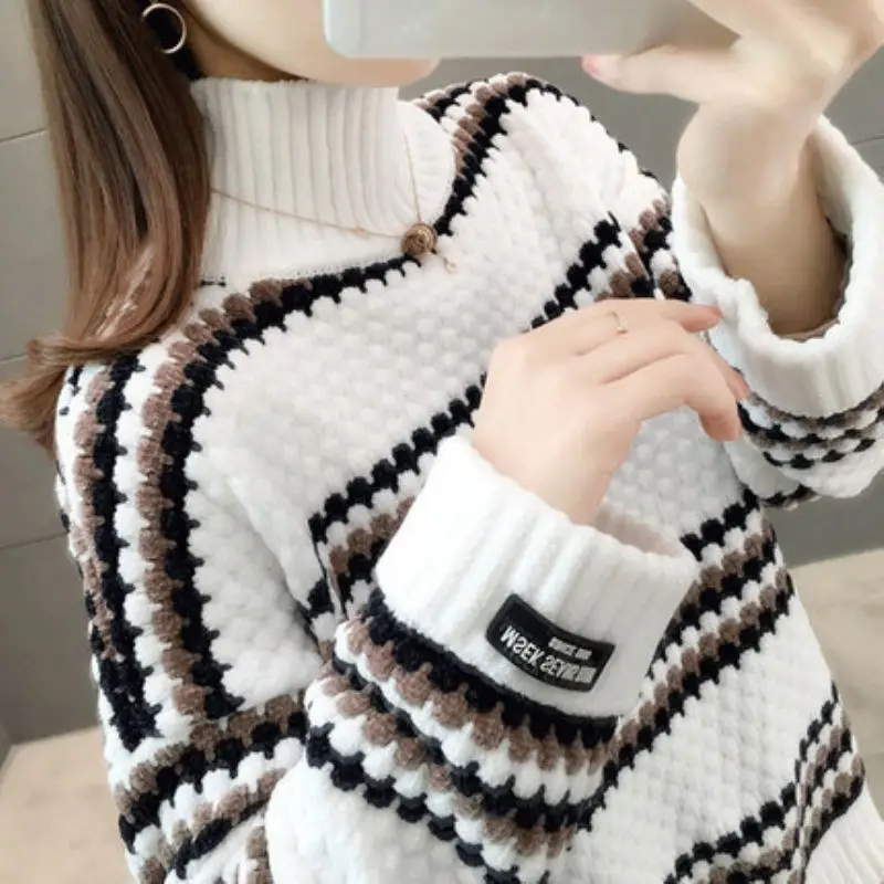 Women Autumn and Winter Korean New Turtleneck Sweater Commuting Fashion Stripes Student Wear Knit Sweater Cozy Long Sleeved Tops