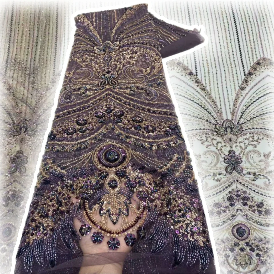 

Luxury African Beaded Groom Embroidered Wedding Lace Fabric French Nigerian Sequins Mesh Ladies Party Dress Sewing 5 Yards AH366