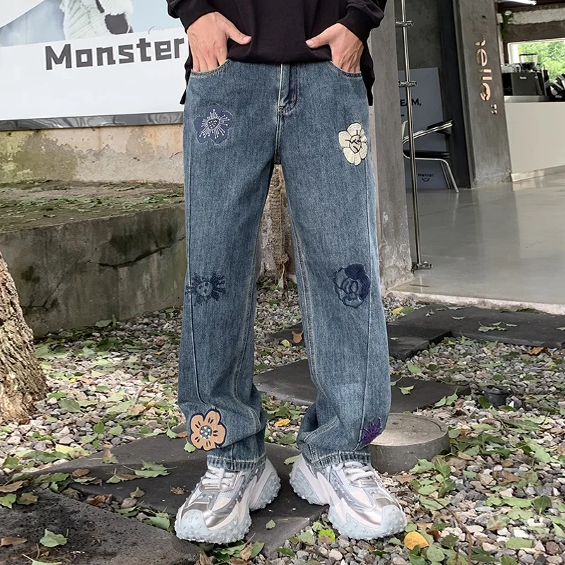 

2024 new niche design petal embroidered jeans men's fashion Korean style wide leg loose all-matching casual trousers