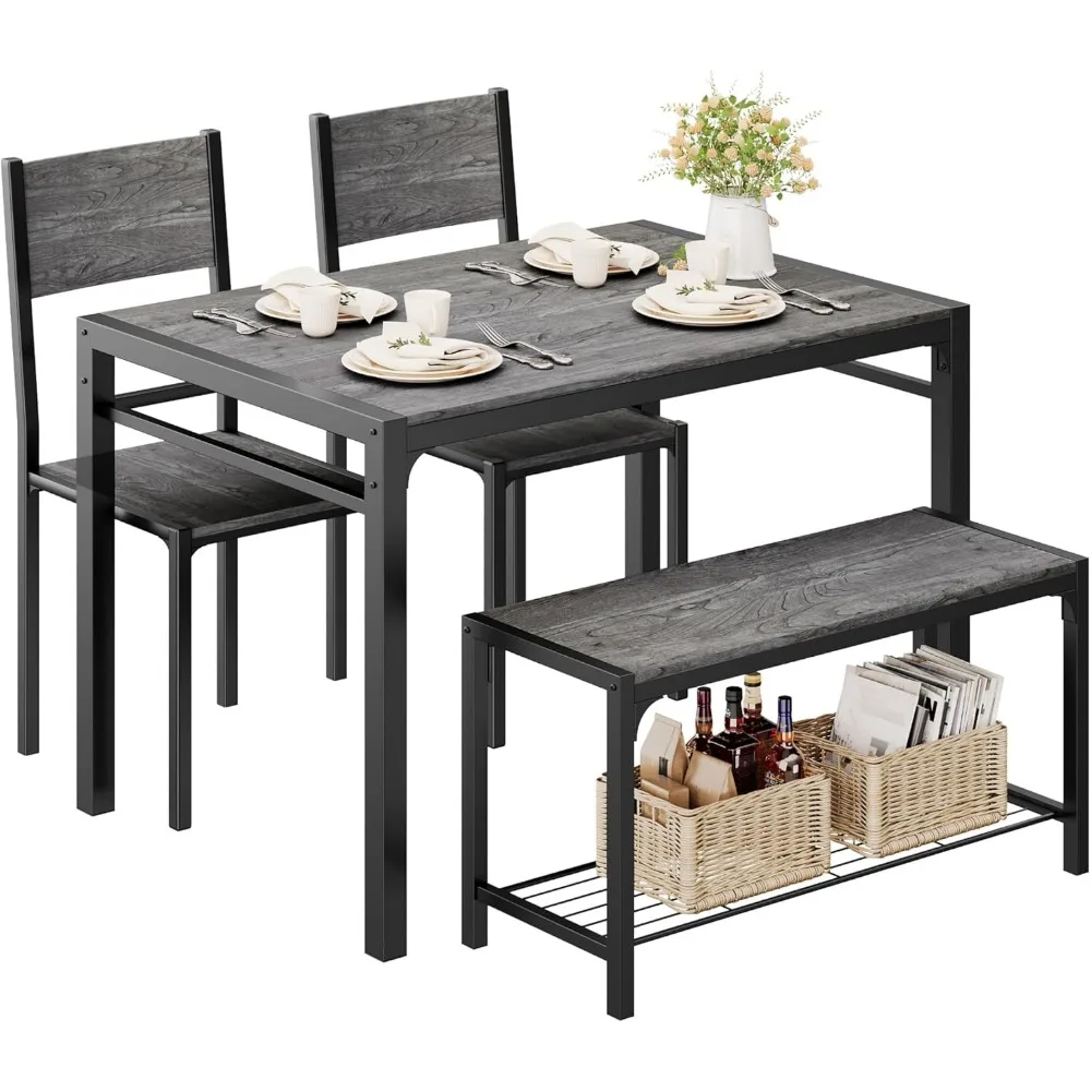 

Kitchen Table and 2 Chairs for 4 with Bench, 4 Piece Dining Sets for Small Space, Grey