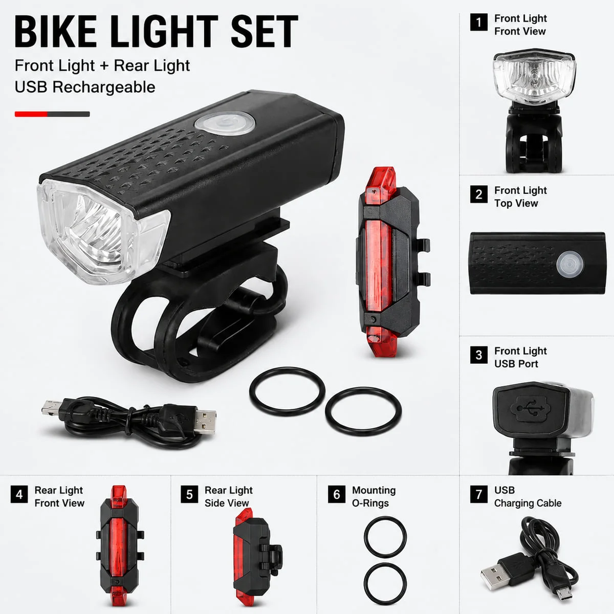 PINMOAP USB Rechargeable Bike Front and Rear Light Set Detachable Safety Warning Lights for MTB Road Commuter Cycling
