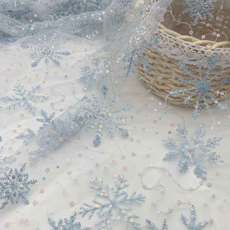 High Quality Blue Snowflake Sequin Mesh Embroidery Fabric Haute Couture women\'s DIY Dress Lce Queen Beaded Embroidery Fabric