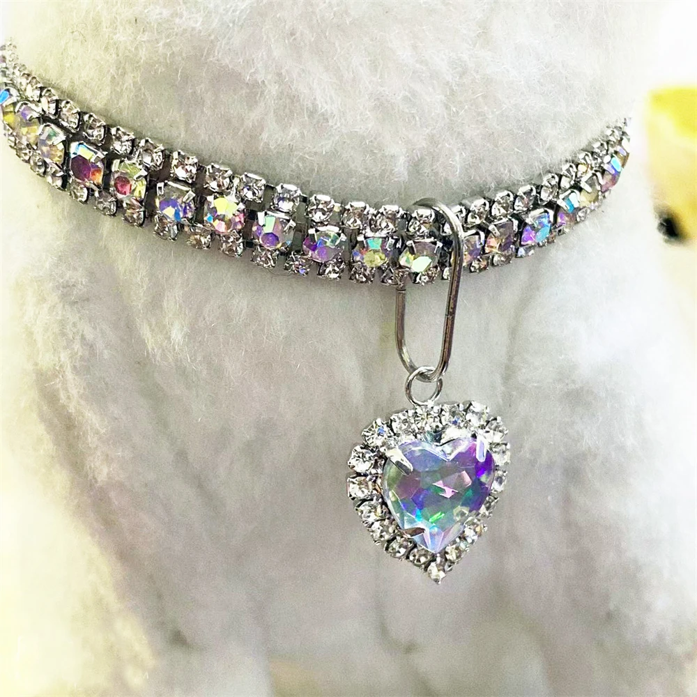 Colar de cristal com coração e strass, acessórios para animais, colar ajustável para gato, filhote pequeno, gatinho, luxo, glitter