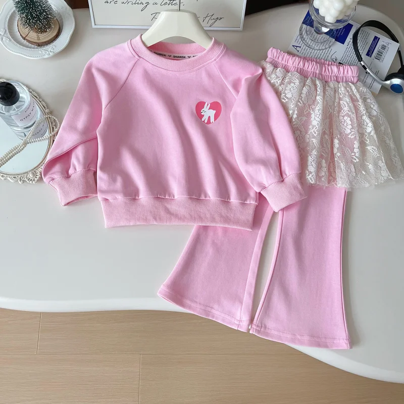 

Детская одежда, новая осенняя мода для девочек, стильный розовый свитшот с длинными рукавами и принтом, повседневные брюки, сетчатый комплект из двух предметов