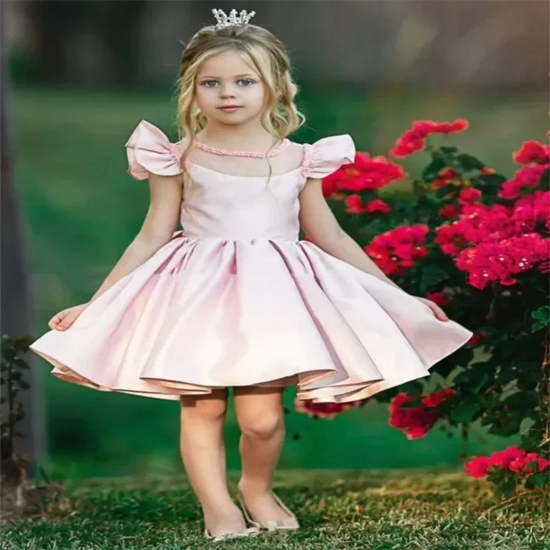 

Pink Flower Girl Dress Short Skirt Satin Lotus Leaf Sleeve Baby Girl Birthday Wedding Princess Party First Communion Gown