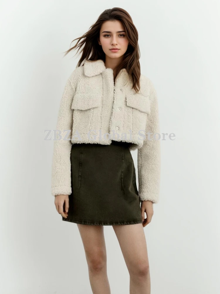 ZBZA Women Thick Warm Faux Fur Jacket Coat Vintage Long Sleeve Lapel Patch Pocket Hidden Button Loose Outerwear Winter Lady Coat