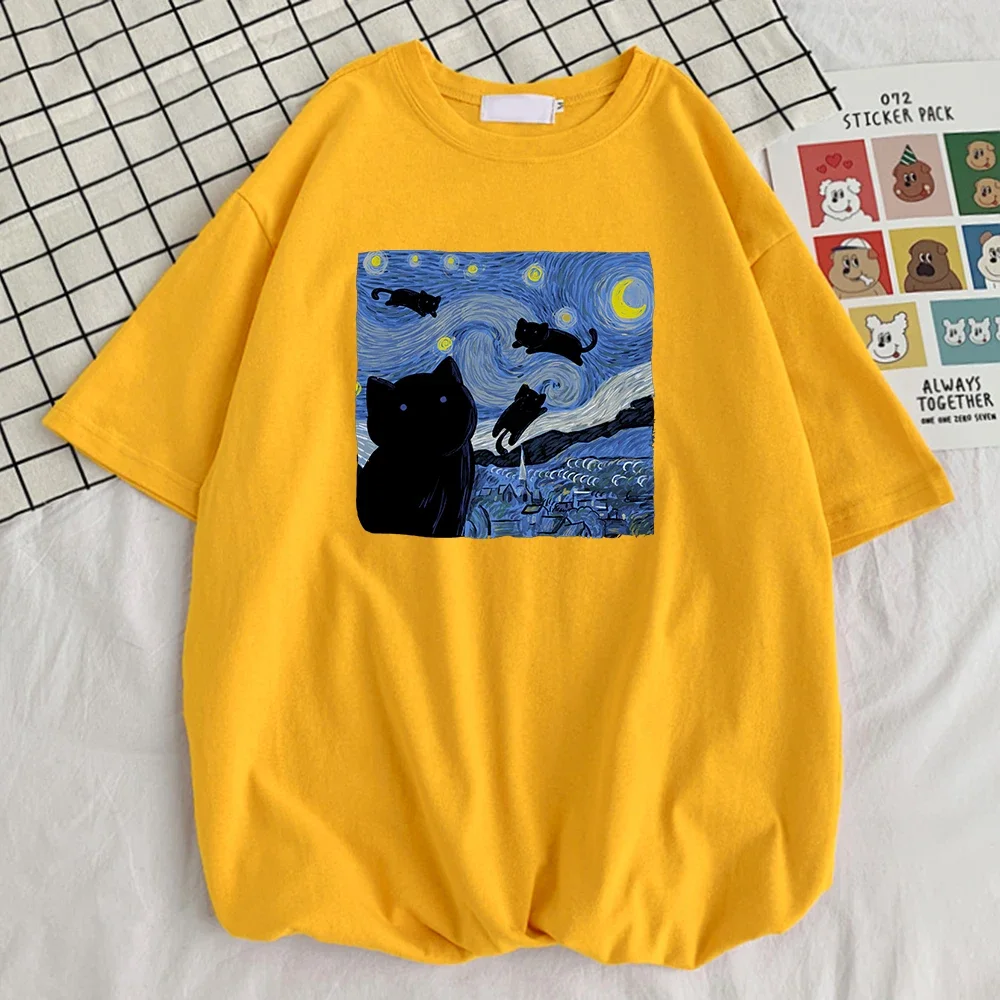 Vincent Van Gogh Starry Night Cute Cat Men Cotton Short Sleeve Crewneck Casual Tops Creative Oversize Short Sleeve Mans Clothing