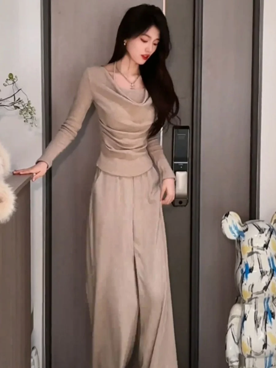 

Chic Korean Style Women's Fashion Set Neck Hanging Long Sleeve Wide Leg Pants Two Piece Suit Autumn New Arrival