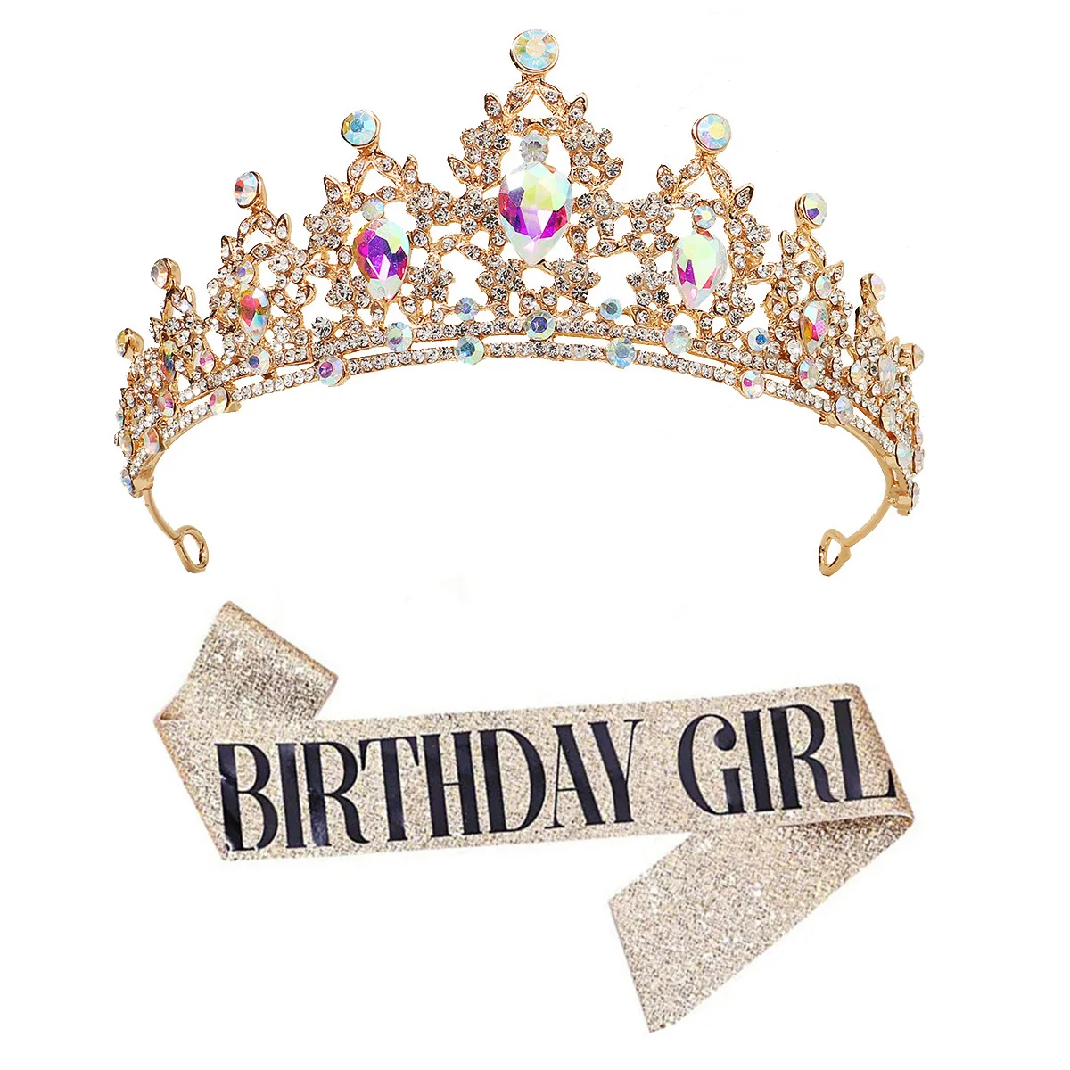 2Pcs Fashion Crystal Rhinestone Tiaras And Crowns With BIRTHDAY GIRL Shoulder Strap Sets Party Pageant Hair Accessories image 2