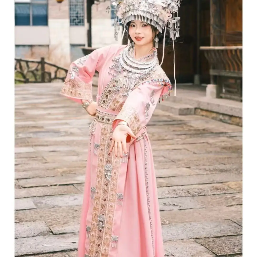 

Pink Hmong Costume for Woman Traditional Chinese Clothing National Miao Stage Performance Suits Niche Cosplay Outfits Hmong