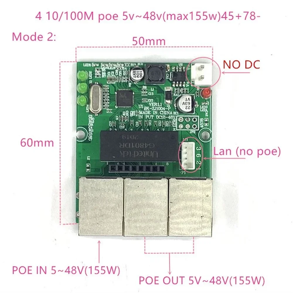 Odwrócony zasilacz Przełącznik POE POE IN/OUT5V/12V/24V/48V 45W/3=15.4W 100mbps 802.3AT 45+78- DC5V~48V seria odległość Force POE — zdjęcie produktu 2