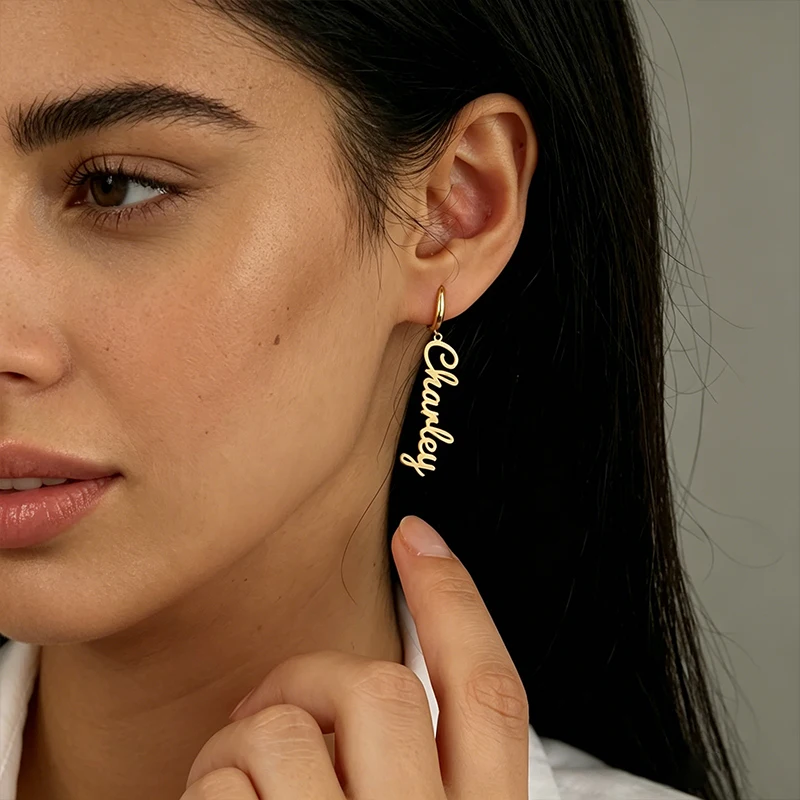 

Custom Name Stainless Steel Earrings Customized Name Jewelry For Women Personalized 24K Gold Pendant Name Earrings Weddings Gift