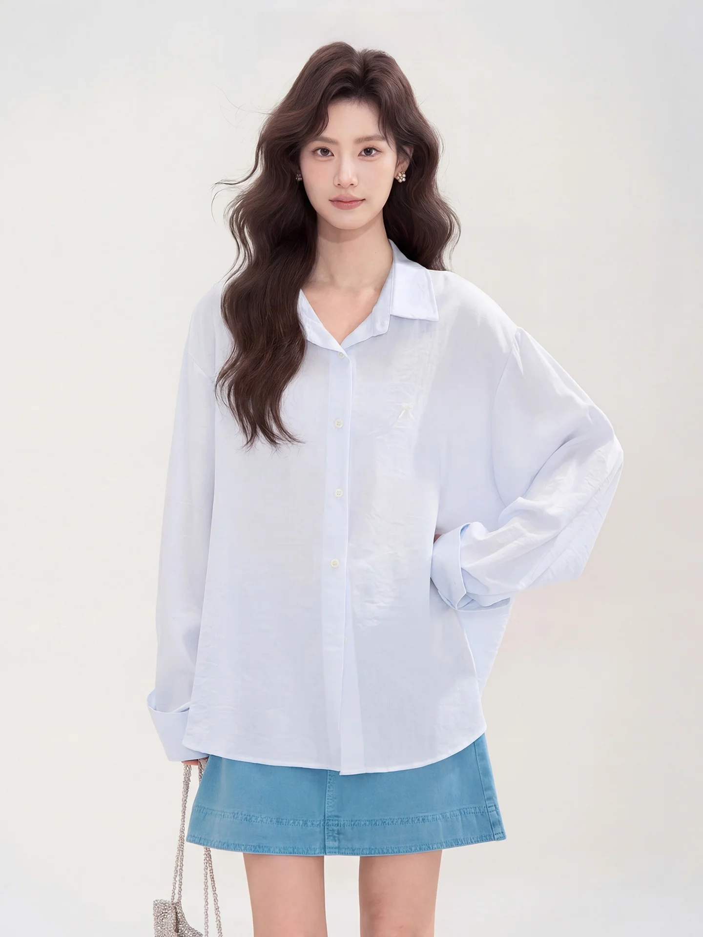 

Sweet Casual Long Sleeve Shirt Women's Lightweight Summer Top Heme Flower Field Window Nylon Blend Regular Fit