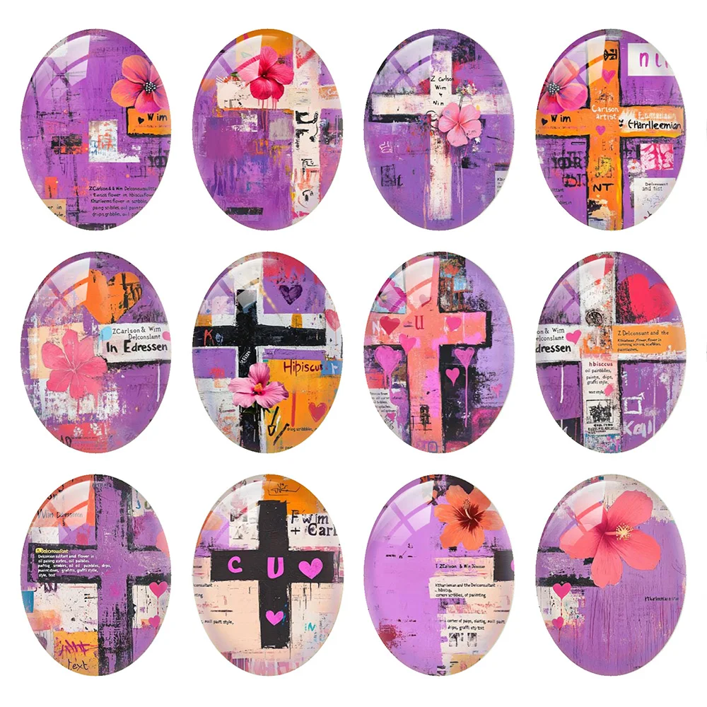 Random Mixed Round/Oval/Square Purple Cross Flower Photo Glass Cabochon Flatback Demo Cameo For Diy Jewelry Making