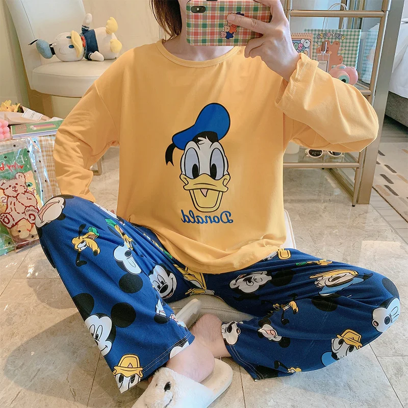 Disney Daisy spring and autumn new women's pajamas crew neck cartoon Mickey casual loose Donald Duck loungewear set