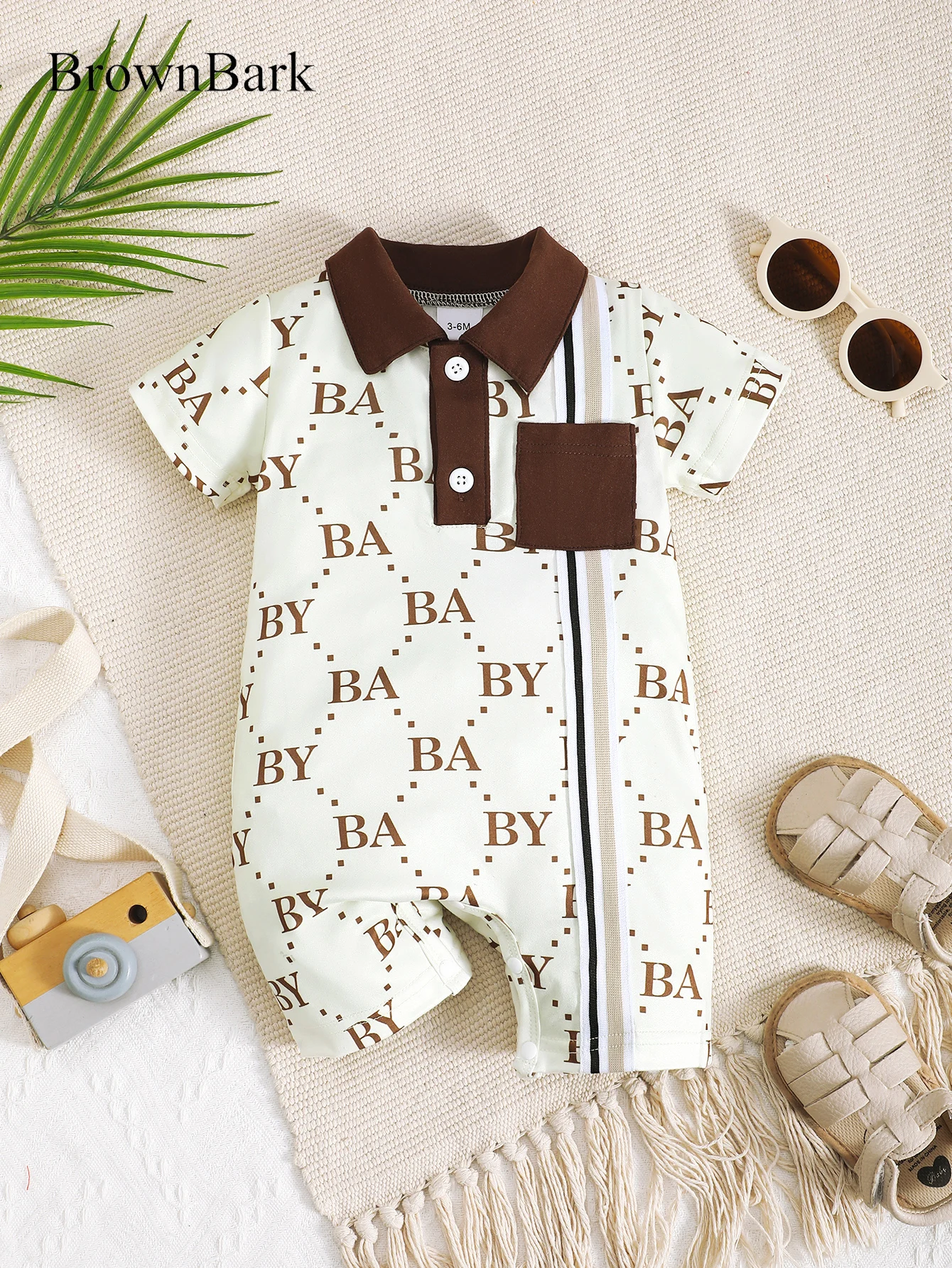 Sommer 0-2 Jahre alt Kleinkind Baby Jungen Gitter Revers Brief Drucken Kurzarm Overall