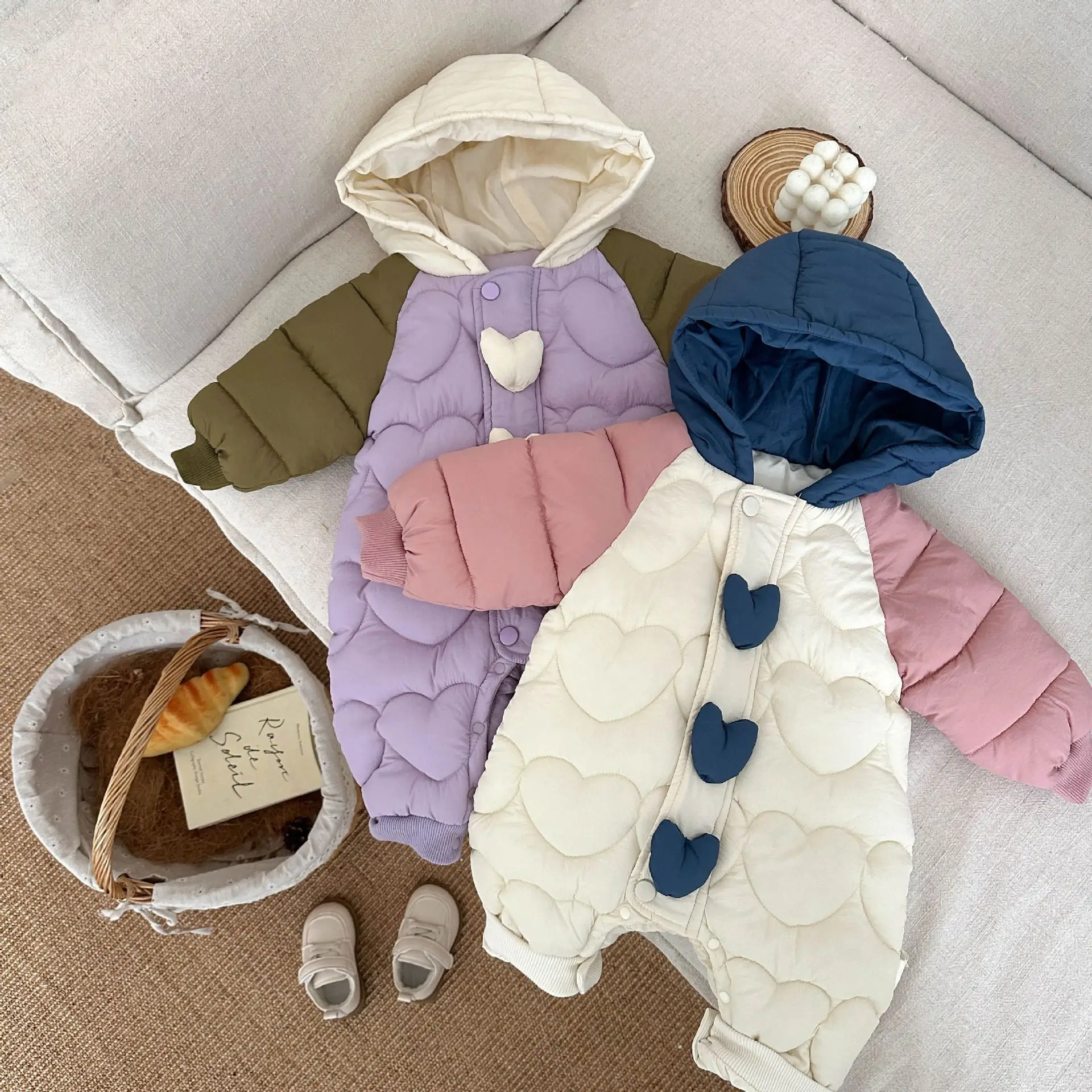 Baby Clothes Autumn Winter Cotton Jumpsuit Girls Color Blocking Heart Thickening Outdoor Rompers Baby Climbing Clothes 2