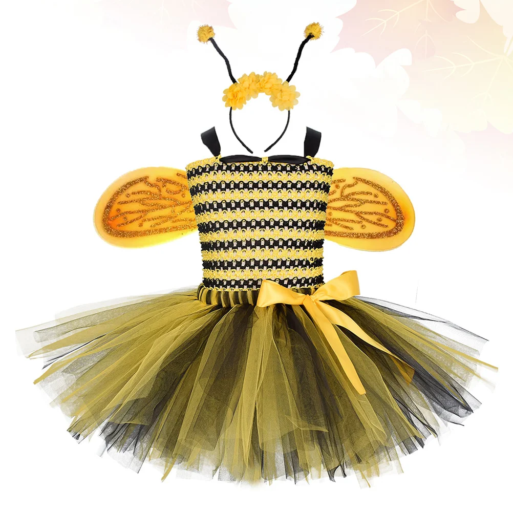 

1 комплект, детский костюм для выступлений, платье в виде пчелы, фатиновая юбка с крыльями для девочек, вечерние танцевальные костюмы на Хэллоуин, косплей, юбка, детский костюм