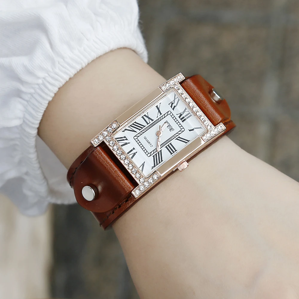 Rome Casual Female Square WristWatch Cow Leather Strap Clock Women Dress Quartz Crystal Watch Couples Bracelet Watches