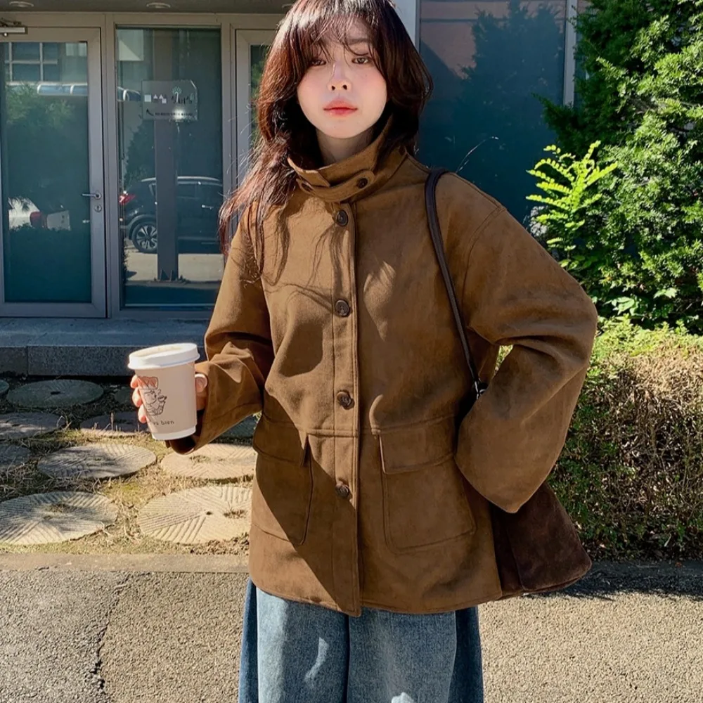 

Women's Chic Loose Suede Coat Autumn Winter Vintage Casual Single Button Casual Outerwear High Collar Long Sve Color