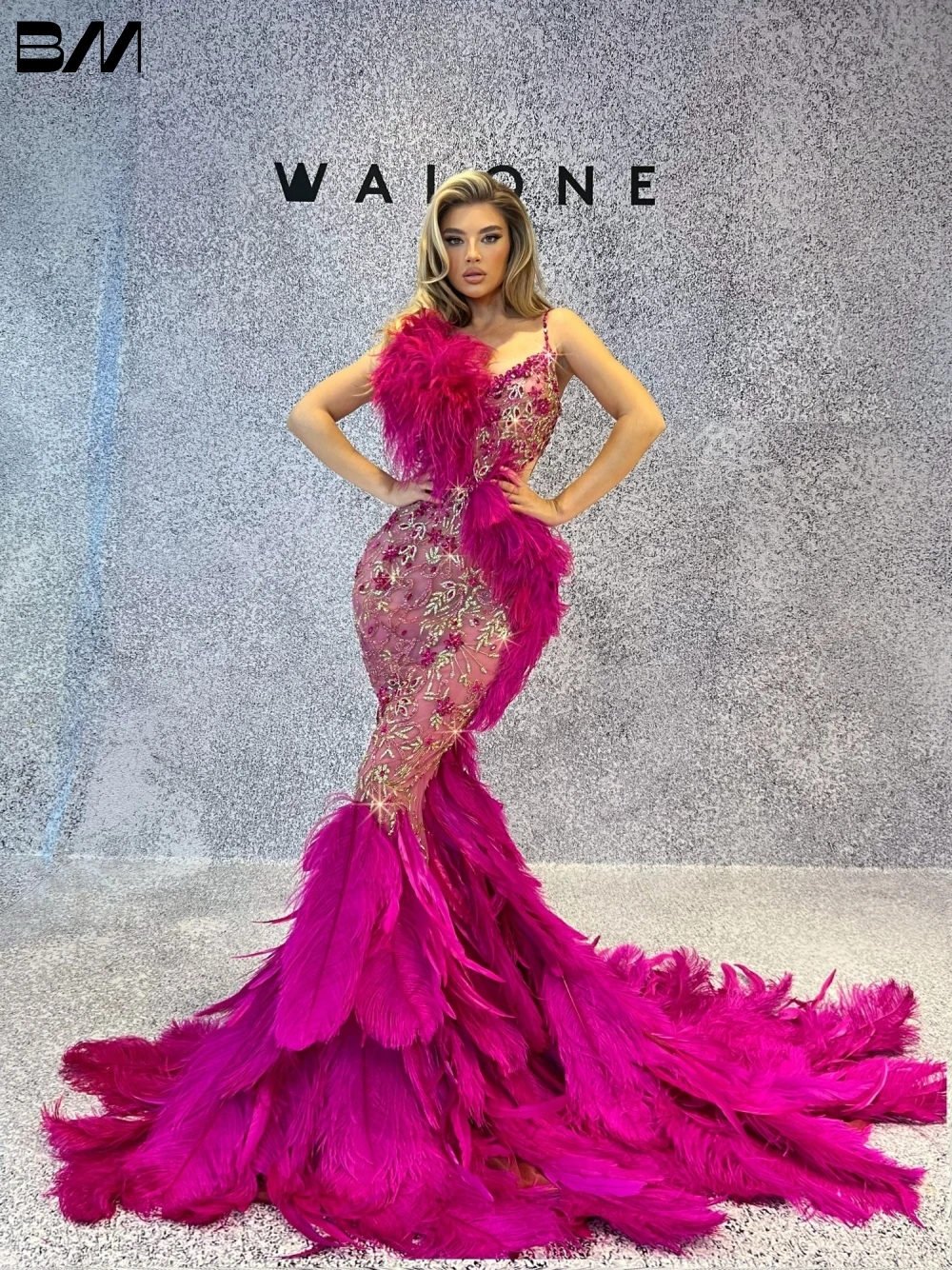 Hot Pink Prom Dress Evening Dresses Elegant Beaded Feathers Gown Classic Floor-length Customized Dresses Vestidos De Novia