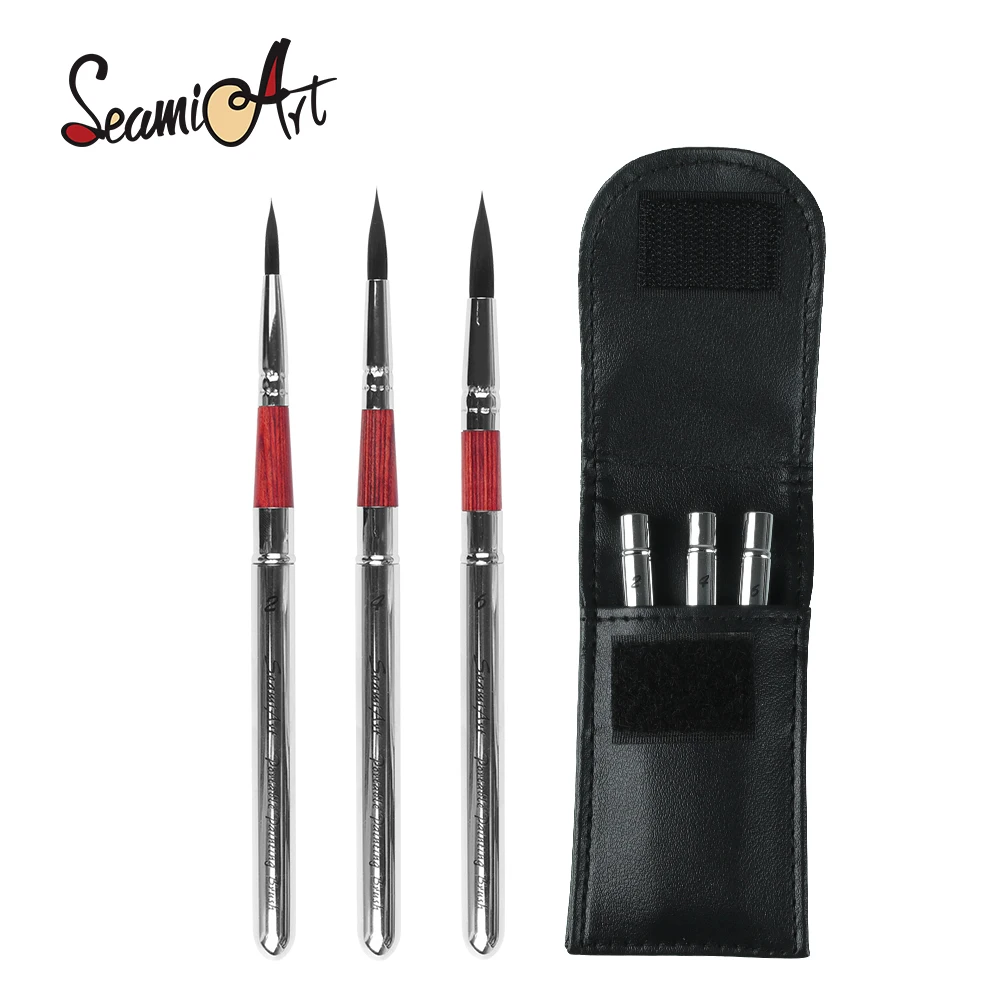 SeamiArt 3pcs/Set Painting Brushes With Portable Pu Brush Bag DivIsible Short Holder Watercolor Journal Paint Brush