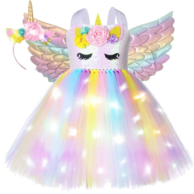 Girls Glittery Pastel Unicorn Costumes Led Lights Little Pony Princess Dresses for Kids Birthday Party Tutus Outfit with Wings