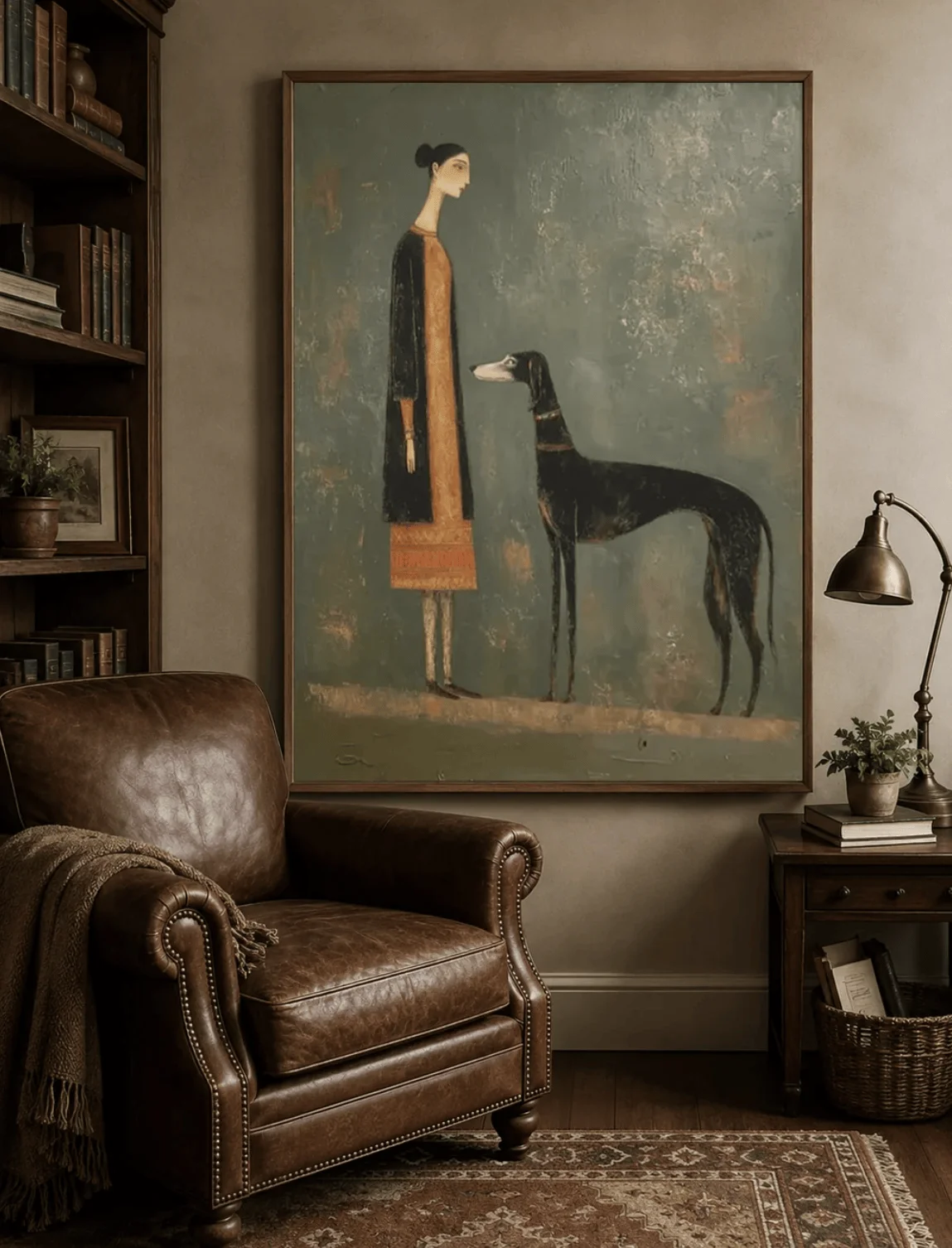Vintage Woman & Greyhound Dog Wall Art Canvas Prints, Abstract Portrait Posters, Muted Decor for Living Room Bedroom Decor