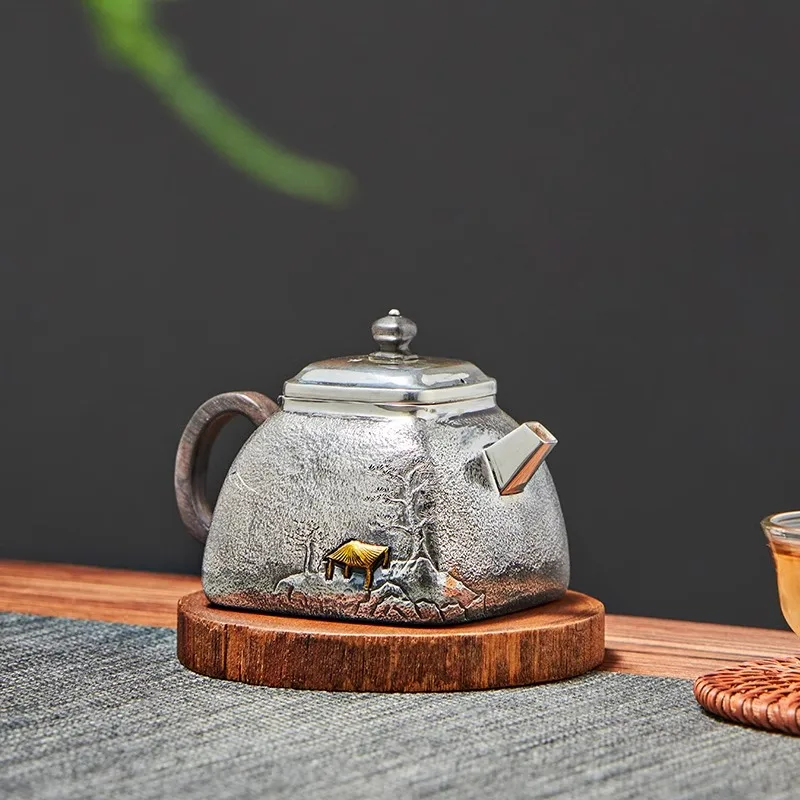 

Japanese Tea Ceremony Silver Tea Pot - Handmade Pure Silver 99.9% Yunnan Household Small Tea Set for Tea Lovers