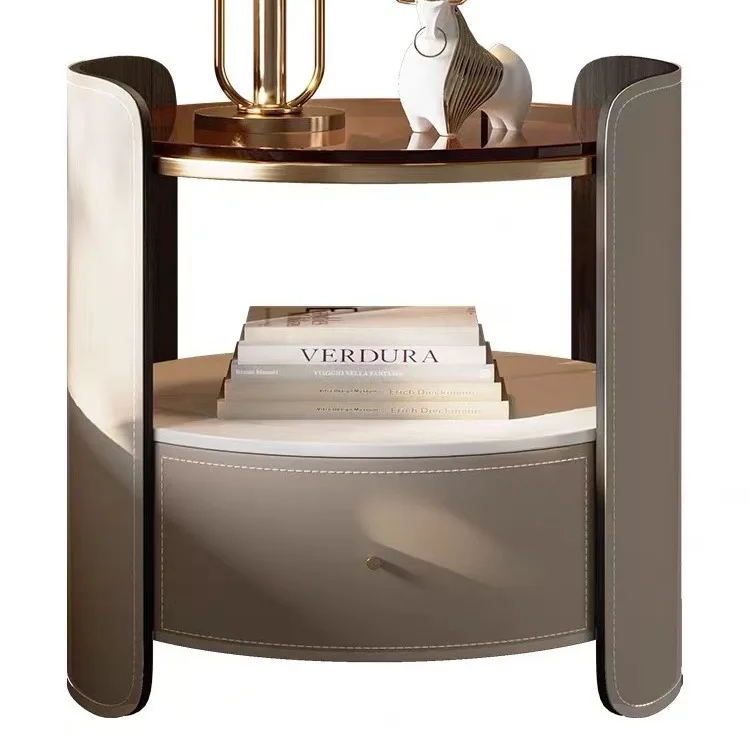 Italian saddle leather round bedside table modern small apartment high-end solid wood chest, bedroom bedside table storage cabin