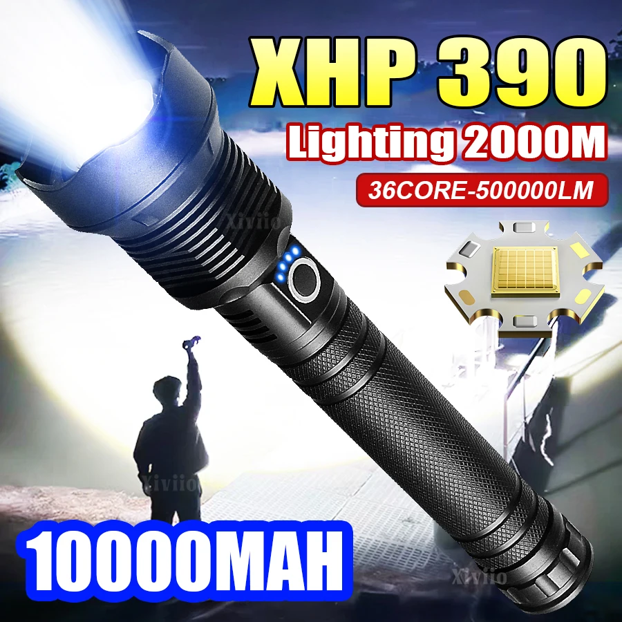 

High Power XHP390 Flashlight 10000mah Rechargeable Bright Light Flash Light Tactical Lantern Outdoor Torch for Hiking Camping