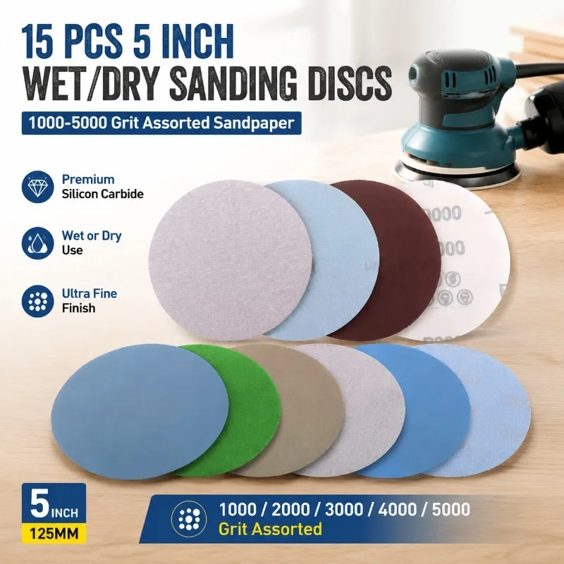 15 Pcs 5 Inch Wet/Dry Sanding Discs, 1000-5000 Grit Assorted Sandpaper, 125mm Silicon Carbide for Random Orbital Sanders