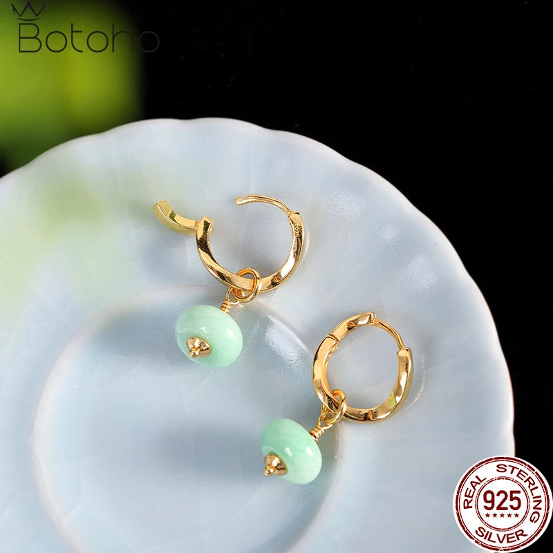 

925 Sterling Silver Gold Plated Natural Jade Drop Earrings For Women Handmade Simple Minimalism Gemstone Earring Gift